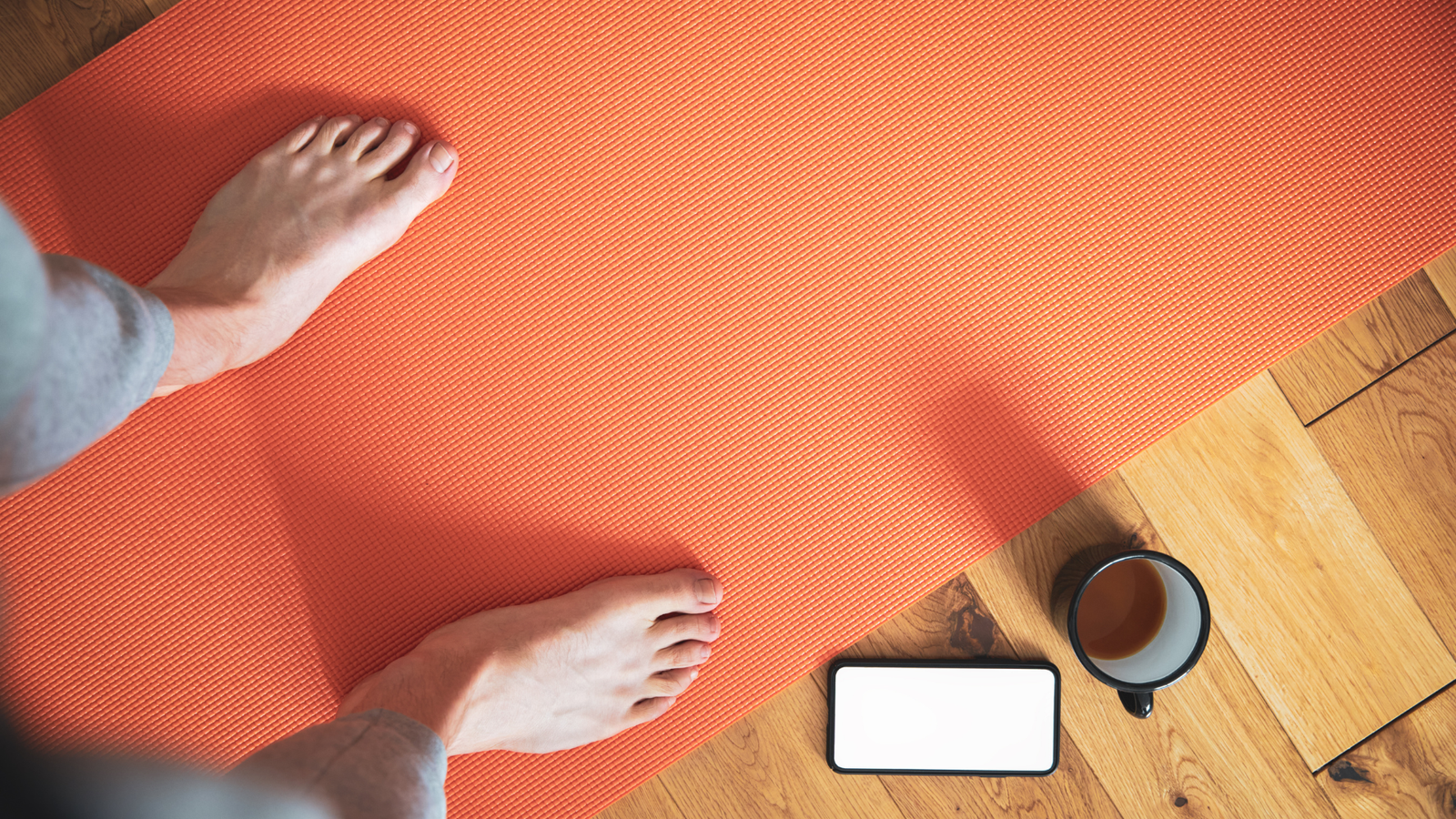 coffee next to yoga mat